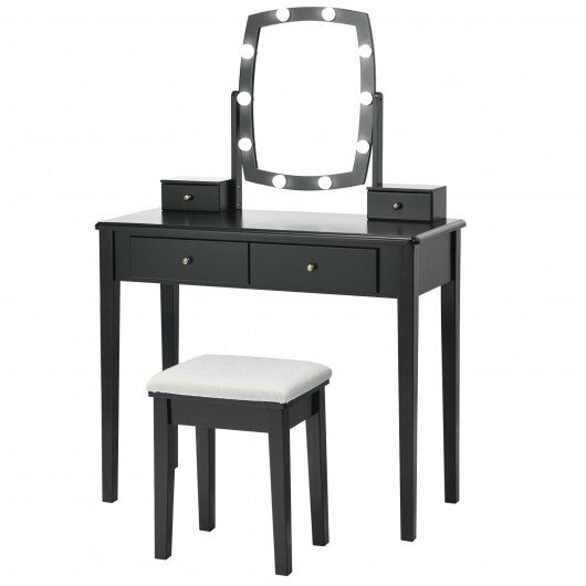 Vanity Table Set with Lighted Mirror for Bedroom and Dressing Room-Black - Color: Black