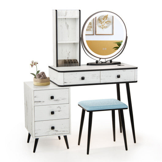 Vanity Table Set with 3-Color Lighted Mirror and Cushioned Stool-White - Color: White