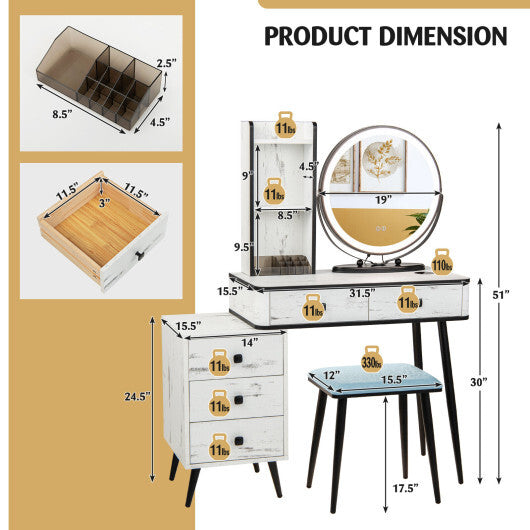 Vanity Table Set with 3-Color Lighted Mirror and Cushioned Stool-White - Color: White