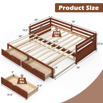 Extendable Twin to King Daybed with Trundle and 2 Storage Drawers - Color: Brown