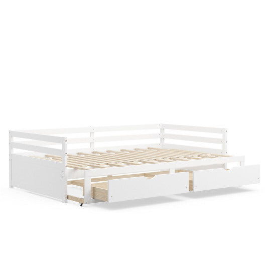 Extendable Twin to King Daybed with Trundle and 2 Storage Drawers-White - Color: White