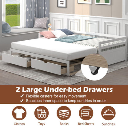 Extendable Twin to King Daybed with Trundle and 2 Storage Drawers-White - Color: White