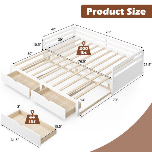 Extendable Twin to King Daybed with Trundle and 2 Storage Drawers-White - Color: White