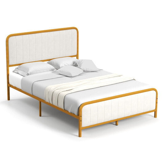 Upholstered Gold Platform Bed Frame with Velvet Headboard-Full Size - Color: Golden - Size: Full Size