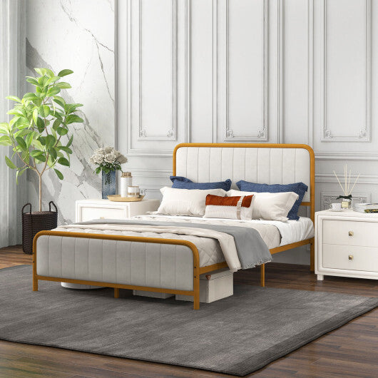 Upholstered Gold Platform Bed Frame with Velvet Headboard-Full Size - Color: Golden - Size: Full Size