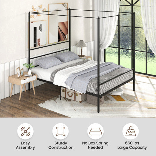 Twin/Full/Queen Size Metal Canopy Bed Frame with Slat Support-Queen Size - Color: Black - Size: Queen Size