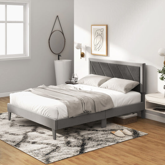 Twin/Full/Queen Platform Bed with High Headboard and Wooden Slats-Queen Size - Color: Black & Gray - Size: Queen Size