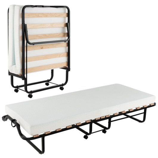 Twin Size Folding Bed with Foam Mattress and Lockable Wheels - Color: Black & White