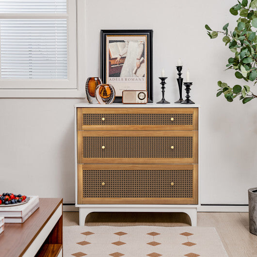 3-Drawer Rattan Dresser Chest with Anti-toppling Device-Brown - Color: Brown