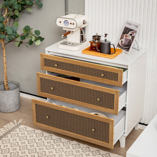 3-Drawer Rattan Dresser Chest with Anti-toppling Device-Brown - Color: Brown