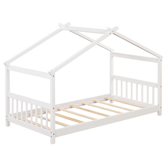 Twin Size Wooden House Bed with Roof-White - Color: White