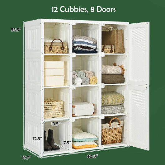 Clothes Foldable Armoire Wardrobe Closet with 12 Cubby Storage - Color: White - Size: 12 Cubes