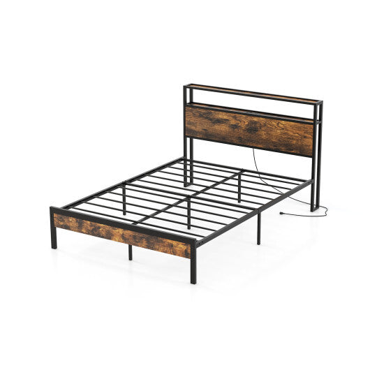 Twin/Full/Queen Bed Frame with Storage Headboard and Charging Station-Full Size - Color: Rustic Brown - Size: Full Size