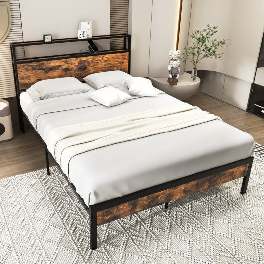 Twin/Full/Queen Bed Frame with Storage Headboard and Charging Station-Full Size - Color: Rustic Brown - Size: Full Size