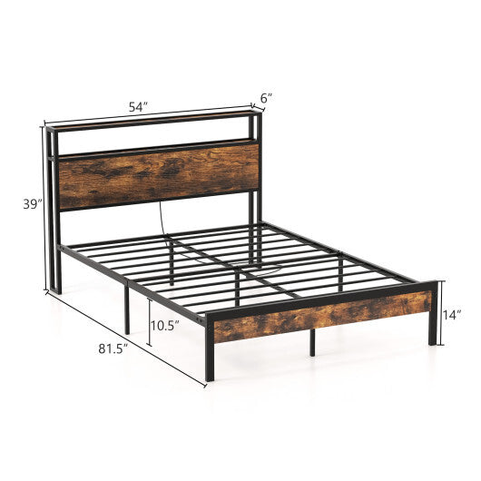 Twin/Full/Queen Bed Frame with Storage Headboard and Charging Station-Full Size - Color: Rustic Brown - Size: Full Size