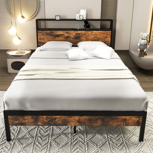 Twin/Full/Queen Bed Frame with Storage Headboard and Charging Station-Full Size - Color: Rustic Brown - Size: Full Size