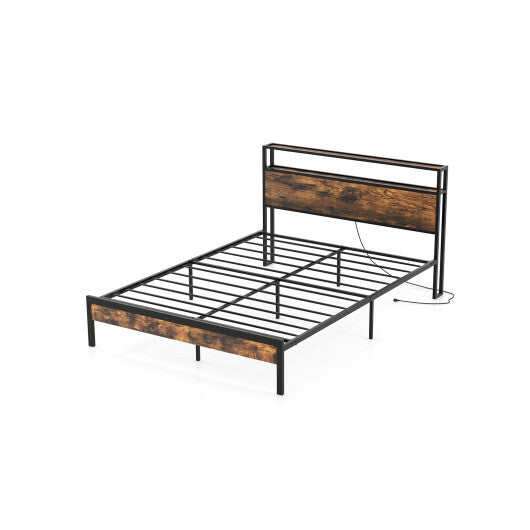 Twin/Full/Queen Bed Frame with Storage Headboard and Charging Station-Queen Size - Color: Rustic Brown - Size: Queen Size