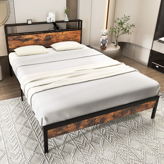 Twin/Full/Queen Bed Frame with Storage Headboard and Charging Station-Queen Size - Color: Rustic Brown - Size: Queen Size