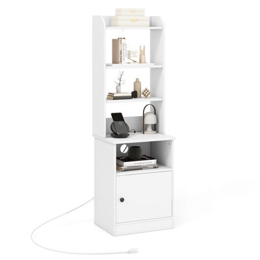 Bedside Tables Tall Nightstands with 5 Open Shelf and Cabinet-White - Color: White