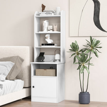 Bedside Tables Tall Nightstands with 5 Open Shelf and Cabinet-White - Color: White