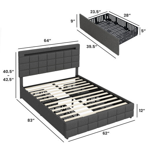 Upholstered Queen LED Bed Frame with Headboard and 4 Drawers-Queen Size - Color: Gray - Size: Queen Size