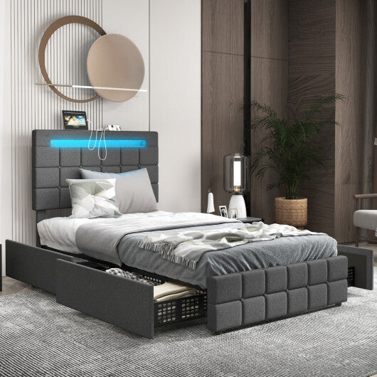 Upholstered LED Bed Frame with Headboard and 4 Drawers-Twin Size - Color: Gray - Size: Twin Size