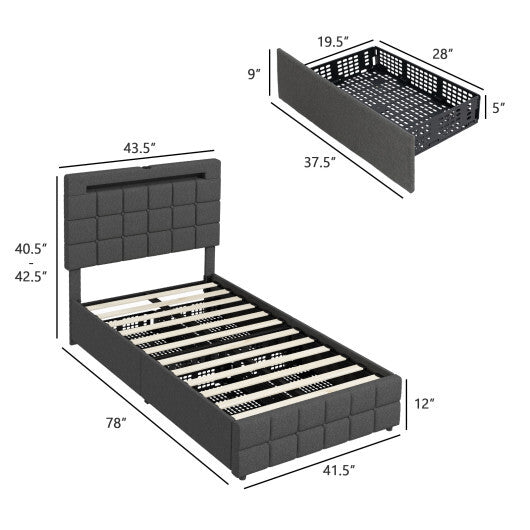 Upholstered LED Bed Frame with Headboard and 4 Drawers-Twin Size - Color: Gray - Size: Twin Size