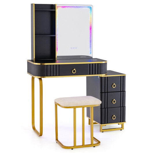 Vanity Table Set with RGB LED Lights and Wireless Charging Station-Black - Color: Black