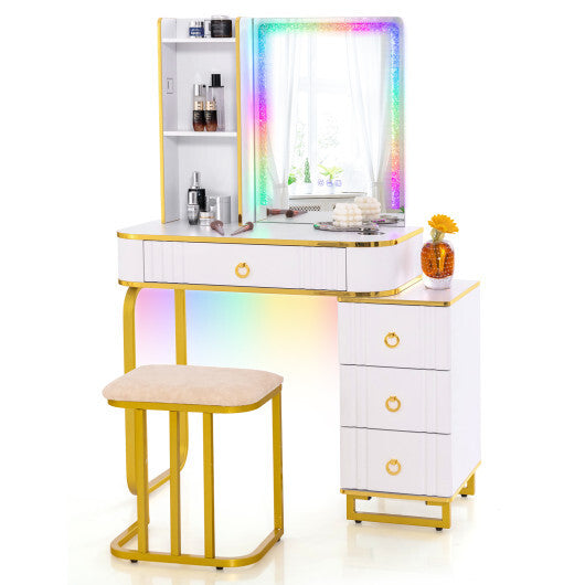 Vanity Table Set with RGB LED Lights and Wireless Charging Station-White - Color: White