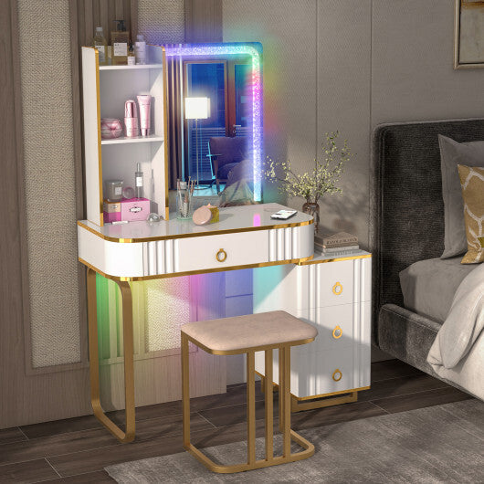 Vanity Table Set with RGB LED Lights and Wireless Charging Station-White - Color: White