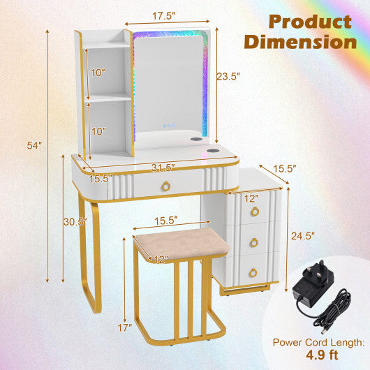 Vanity Table Set with RGB LED Lights and Wireless Charging Station-White - Color: White