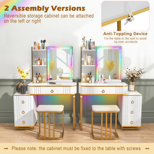 Vanity Table Set with RGB LED Lights and Wireless Charging Station-White - Color: White