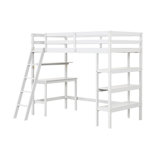 Twin Size Loft Bed with Desk and Bookshelves for Kids and Teens-White - Color: White