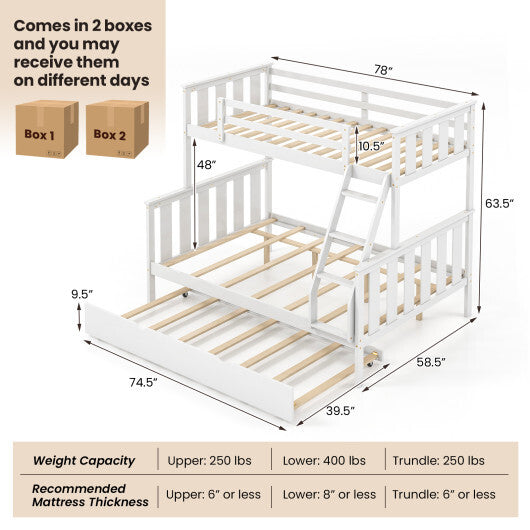 3-in-1 Twin Over Full Bunk Bed with Trundle and Ladder-White - Color: White