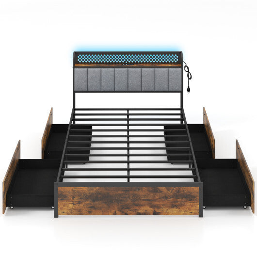 Twin/Full/Queen Bed Frame with LED Lights  Upholstered Headboard and 4 Storage Drawers-Full Size - Size: Full Size