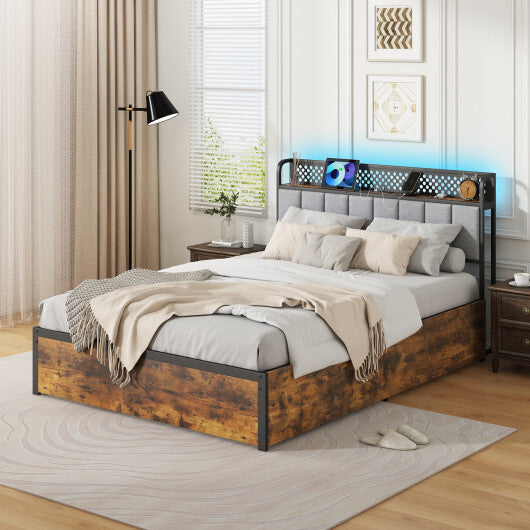 Twin/Full/Queen Bed Frame with LED Lights  Upholstered Headboard and 4 Storage Drawers-Full Size - Size: Full Size