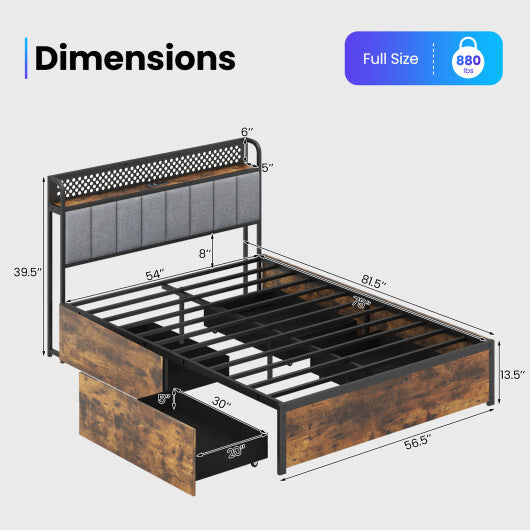 Twin/Full/Queen Bed Frame with LED Lights  Upholstered Headboard and 4 Storage Drawers-Full Size - Size: Full Size