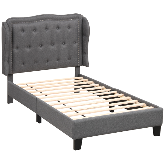 Twin Size Bed Frame with Button Tufted Wingback Headboard and Storage Space-Gray - Color: Gray - Size: Twin Size