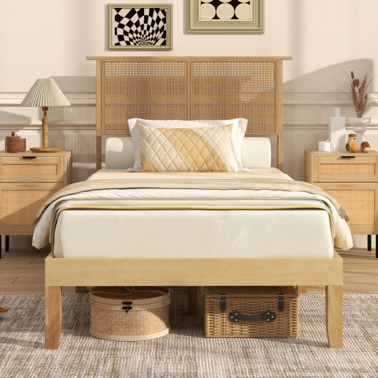 Twin/Full/Queen Size Bed Frame with Rattan Headboard-Twin Size - Color: Natural - Size: Twin Size