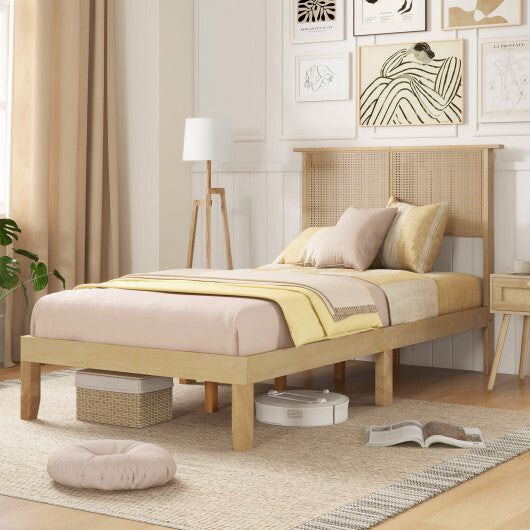 Twin/Full/Queen Size Bed Frame with Rattan Headboard-Twin Size - Color: Natural - Size: Twin Size