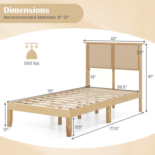 Twin/Full/Queen Size Bed Frame with Rattan Headboard-Twin Size - Color: Natural - Size: Twin Size