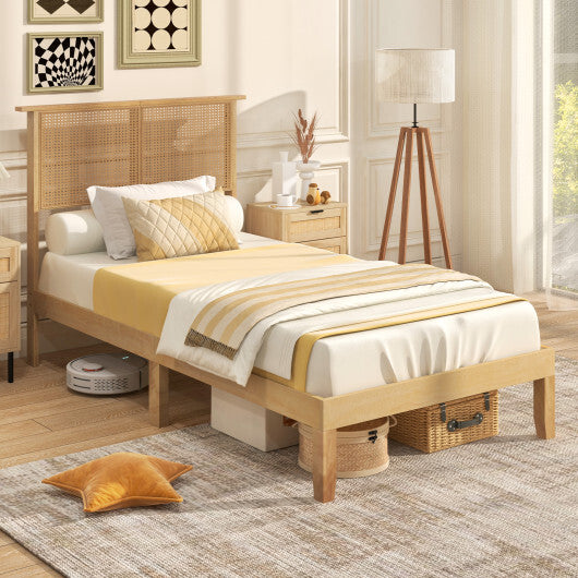 Twin/Full/Queen Size Bed Frame with Rattan Headboard-Twin Size - Color: Natural - Size: Twin Size