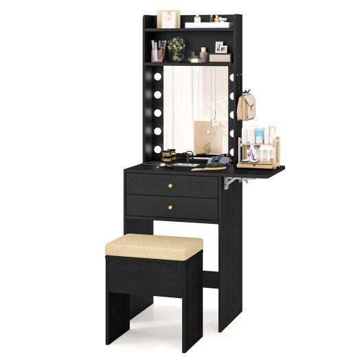 Compact Vanity Desk Set with 3-Color Lighted Mirror and Power Outlets-Black - Color: Black