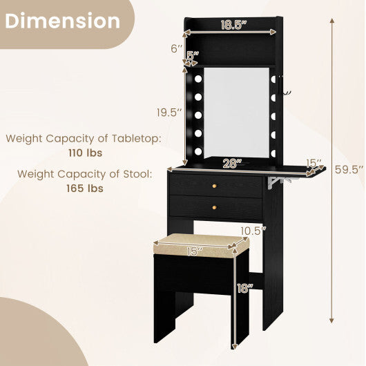 Compact Vanity Desk Set with 3-Color Lighted Mirror and Power Outlets-Black - Color: Black