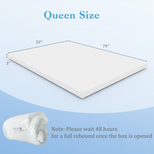 3 Inch Gel-Infused Memory Foam Mattress Topper with Removable Cover-Queen Size - Color: White - Size: Queen Size