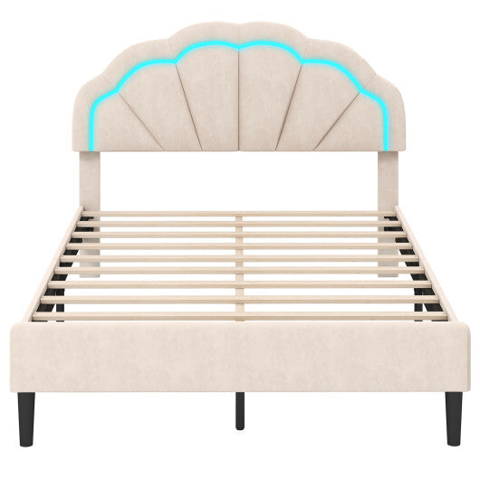 Upholstered LED Bed Frame with Adjustable Flower Headboard and Metal Support Feet-Full Size - Size: Full Size