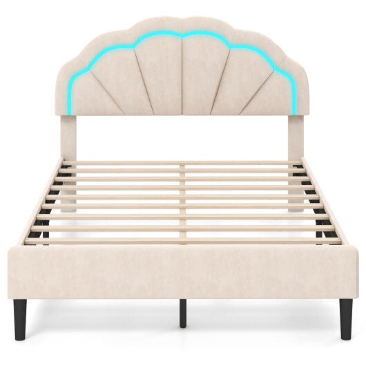 Upholstered LED Bed Frame with Adjustable Flower Headboard and Metal Support Feet-Full Size - Size: Full Size