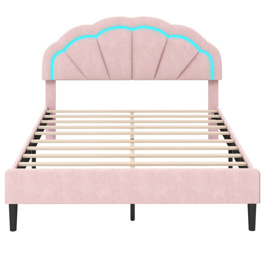 Upholstered LED Bed Frame with Adjustable Flower Headboard and Metal Support Feet Pink-Queen Size - Size: Queen Size