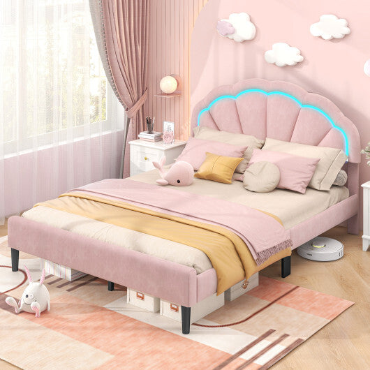 Upholstered LED Bed Frame with Adjustable Flower Headboard and Metal Support Feet Pink-Queen Size - Size: Queen Size