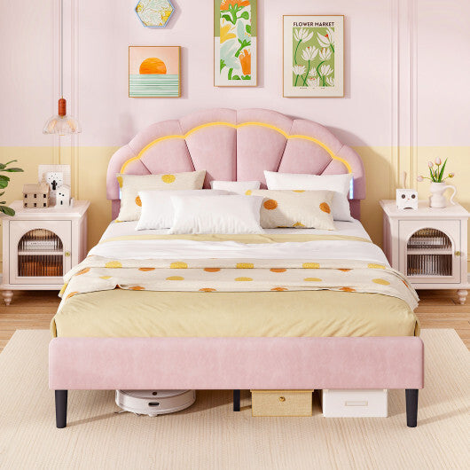 Upholstered LED Bed Frame with Adjustable Flower Headboard and Metal Support Feet Pink-Queen Size - Size: Queen Size